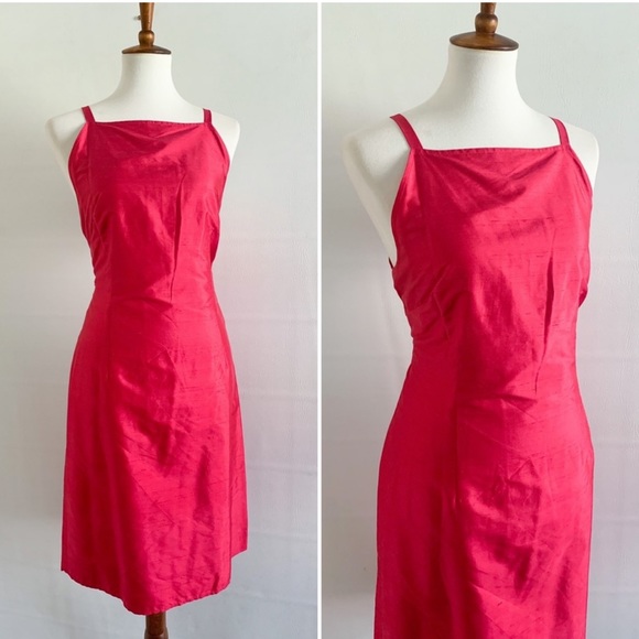 Deadstock 90s 100% Silk Square Neck Watermelon Pink Summer Midi Dress - Picture 4 of 5